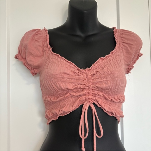 Garage Pink Crop Top with Puff Sleeve Tie Front Bow Girly Shirt Size XS - Picture 1 of 9